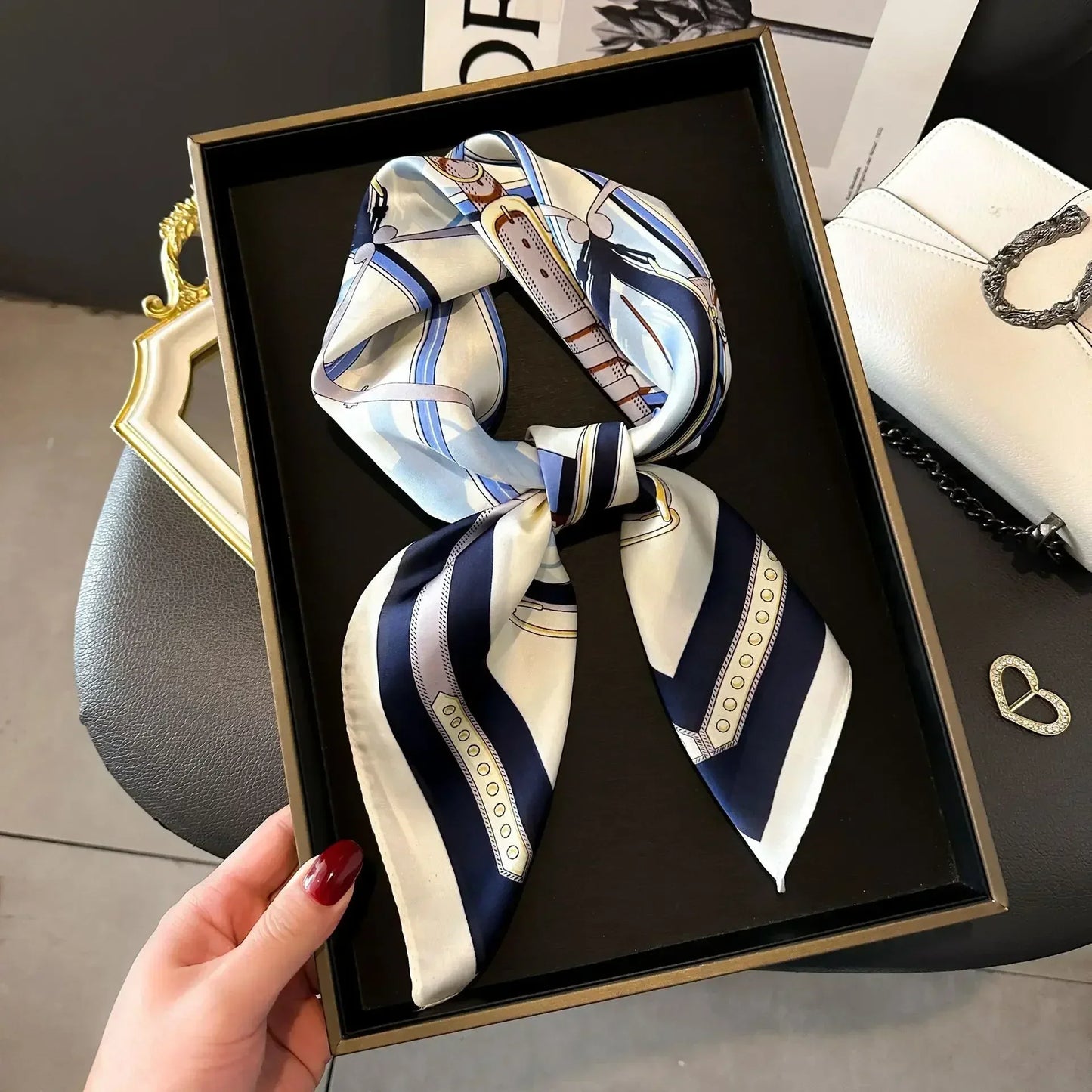 Luxury Printed Silk-Style Square Scarf for Women, Soft Satin Neckerchief Headband and Hair Ribbon, Fashion Hijab and Bag Accessory for Office and Daily Wear