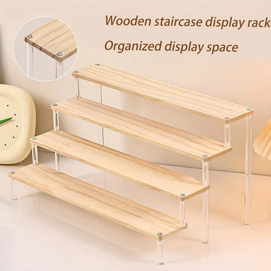 4-Tier Wooden Display Rack, Transparent Perfume & Cosmetics Organizer Shelf for Bathroom & Vanity
