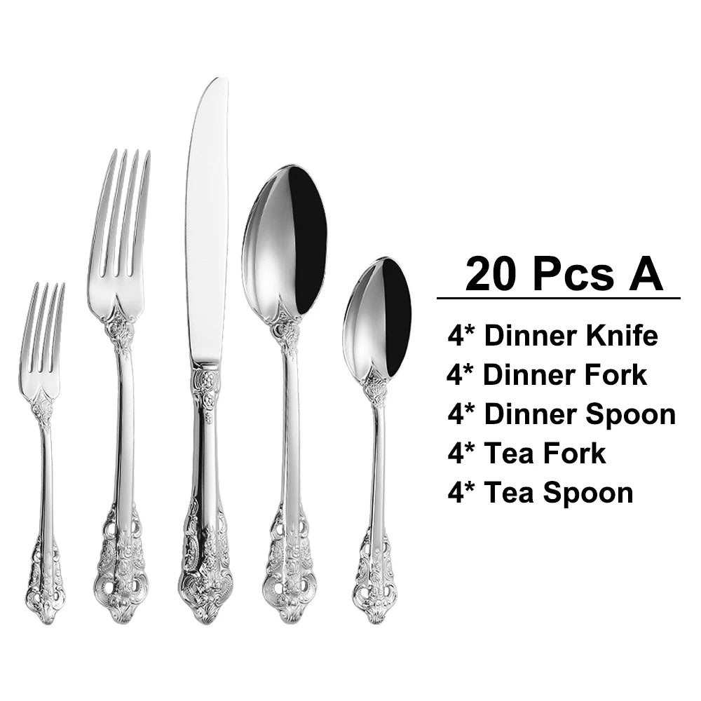 20/30PCS Luxury Gold & Silver Cutlery Set, Vintage Stainless Steel Flatware with Engraved Forks, Spoons & Knives