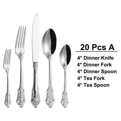 20/30PCS Luxury Gold & Silver Cutlery Set, Vintage Stainless Steel Flatware with Engraved Forks, Spoons & Knives