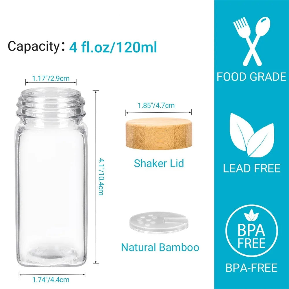 12Pcs Glass Spice Jars with Bamboo Lids – Kitchen Spice Jar Set with Minimalist Labels and Collapsible Funnel