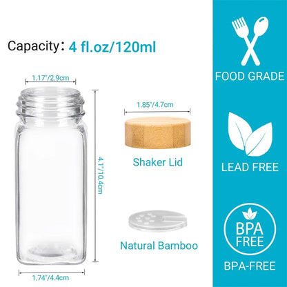 12Pcs Glass Spice Jars with Bamboo Lids – Kitchen Spice Jar Set with Minimalist Labels and Collapsible Funnel