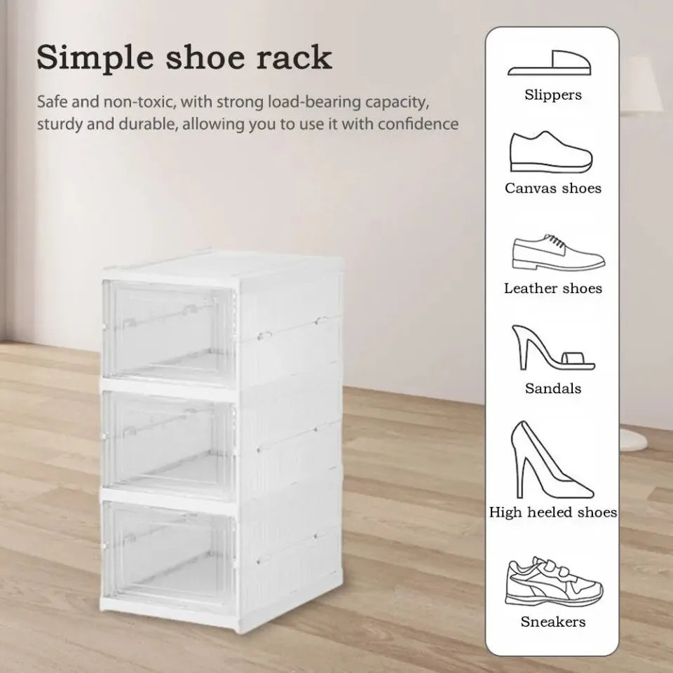 Foldable Shoe Storage Box with Transparent Door, 3/6-Layer Stackable Sneaker Organizer Cabinet