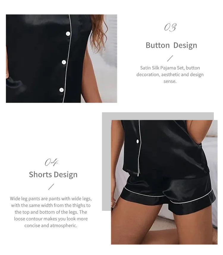 Women’s Satin Pajama Set Button-Down Sleepwear with Short Sleeve Top and Shorts, 2-Piece Summer Loungewear Nightwear Set