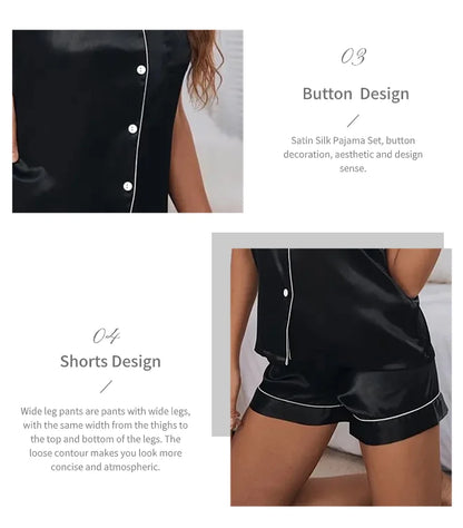 Women’s Satin Pajama Set Button-Down Sleepwear with Short Sleeve Top and Shorts, 2-Piece Summer Loungewear Nightwear Set