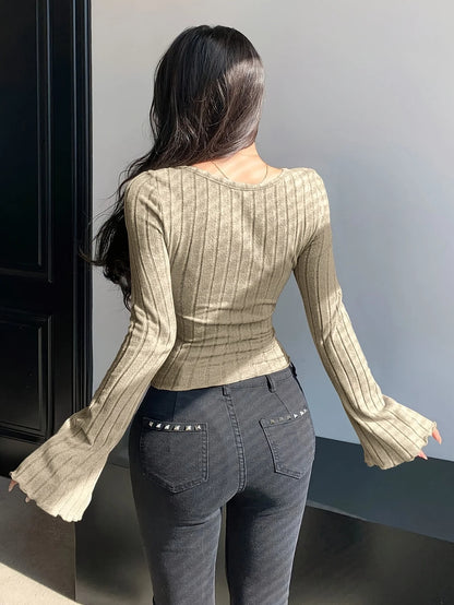 Women’s Ribbed Knit Long Sleeve T-Shirt with Square Neck and Cross Strap, Slim Fit Solid Color Casual Top for Autumn and Winter Streetwear
