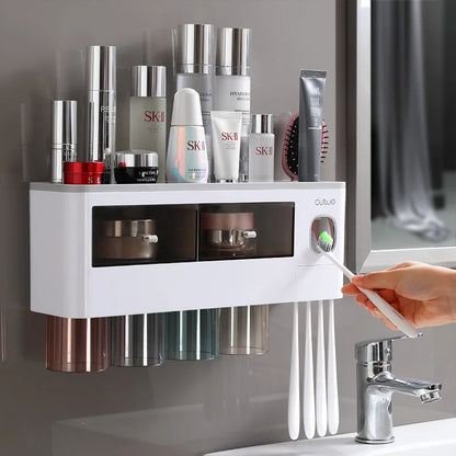 Bathroom Accessories Set with Automatic Toothpaste Dispenser, Magnetic Inverted Toothbrush Holder & Storage Rack