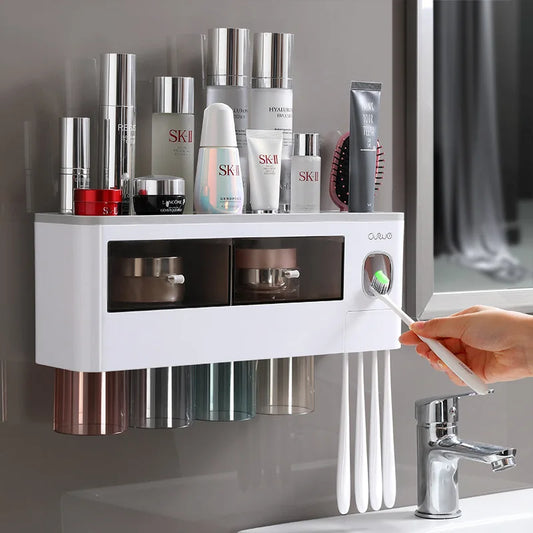 Bathroom Accessories Set with Automatic Toothpaste Dispenser, Magnetic Inverted Toothbrush Holder & Storage Rack
