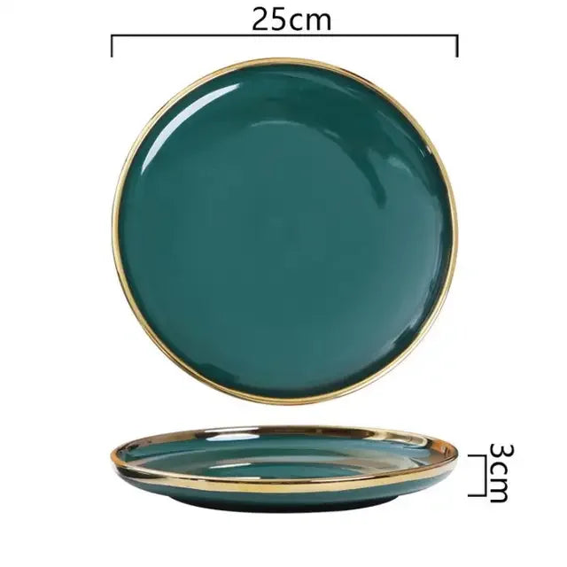 Luxury Green Ceramic Dinnerware Set with Gold Rim, Porcelain Plates & Bowls for Dessert, Salad & Soup