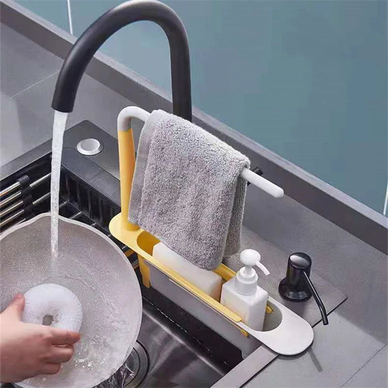 Telescopic Sink Shelf – Adjustable Kitchen Sink Organizer Soap & Sponge Holder Drain Rack