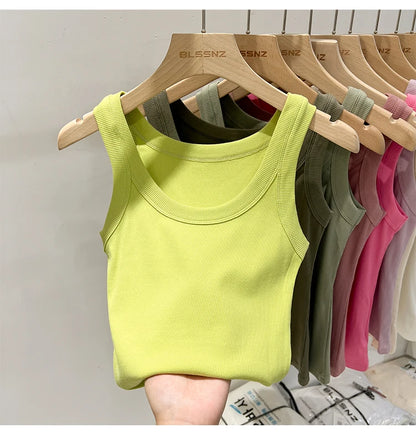 Women’s Ribbed Cotton Tank Top Solid Color Round Neck Camisole, High Stretch Summer Basic O-Neck Sleeveless Casual Top