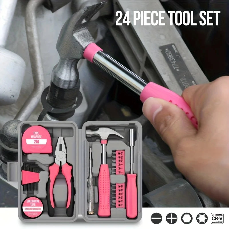 24-Piece Pink Tool Kit for Women, Mini Home Toolbox Set with Hammer, Pliers, Wrench and Screwdriver