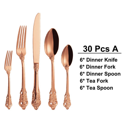 20/30PCS Luxury Gold & Silver Cutlery Set, Vintage Stainless Steel Flatware with Engraved Forks, Spoons & Knives