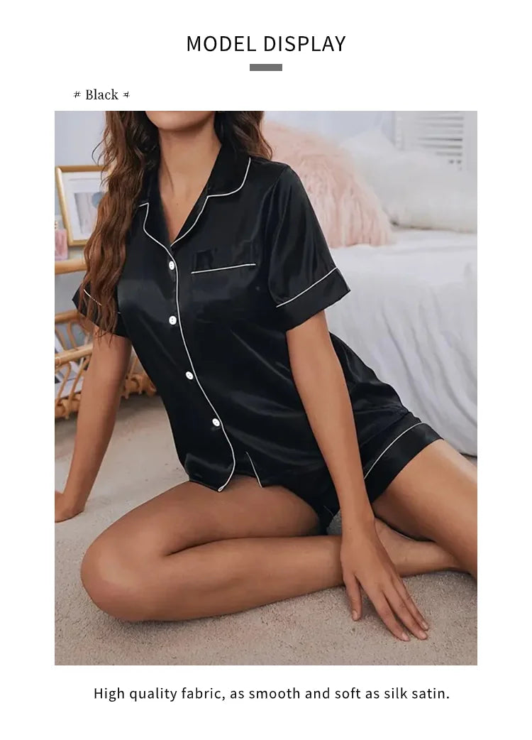Women’s Satin Pajama Set Button-Down Sleepwear with Short Sleeve Top and Shorts, 2-Piece Summer Loungewear Nightwear Set