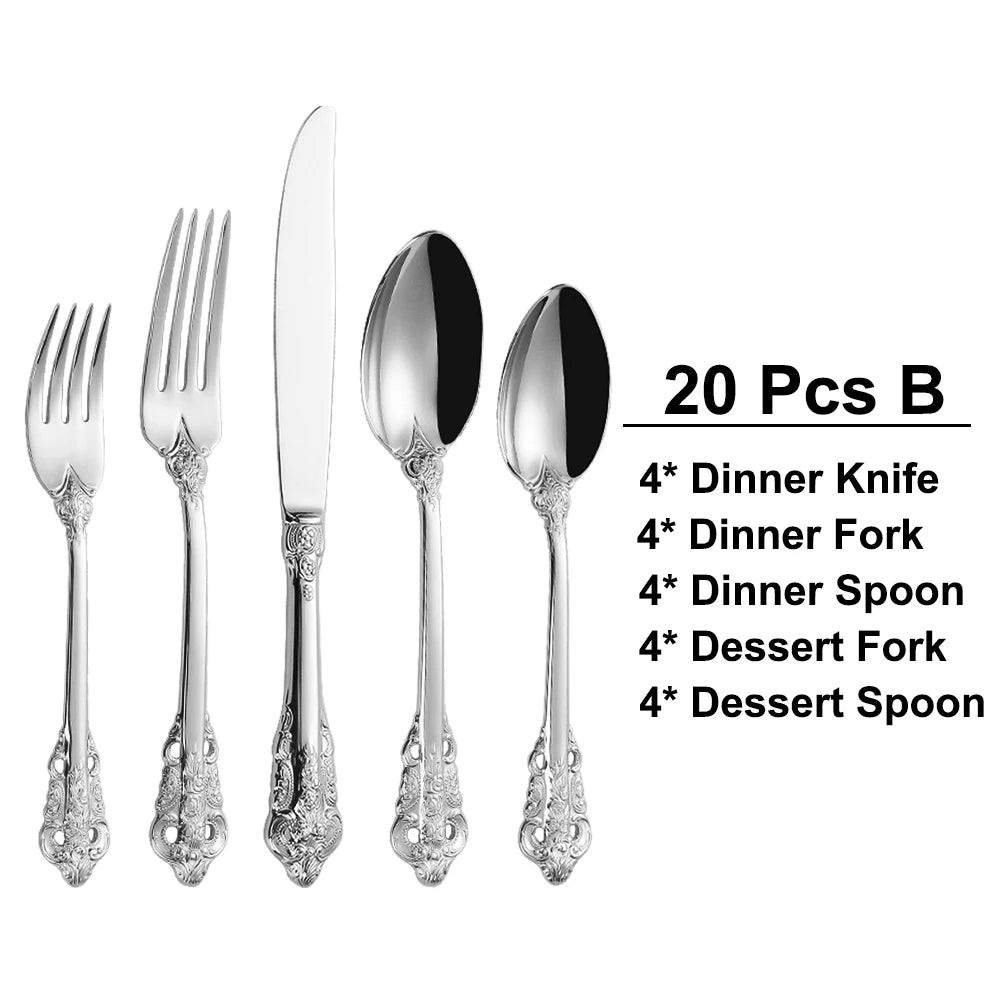 20/30PCS Luxury Gold & Silver Cutlery Set, Vintage Stainless Steel Flatware with Engraved Forks, Spoons & Knives