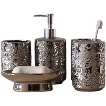 Silver Ceramic 5-Piece Bathroom Accessory Set, Soap Dispenser, Gargle Cup, Soap Dish & Toothbrush Holder Toiletry Set