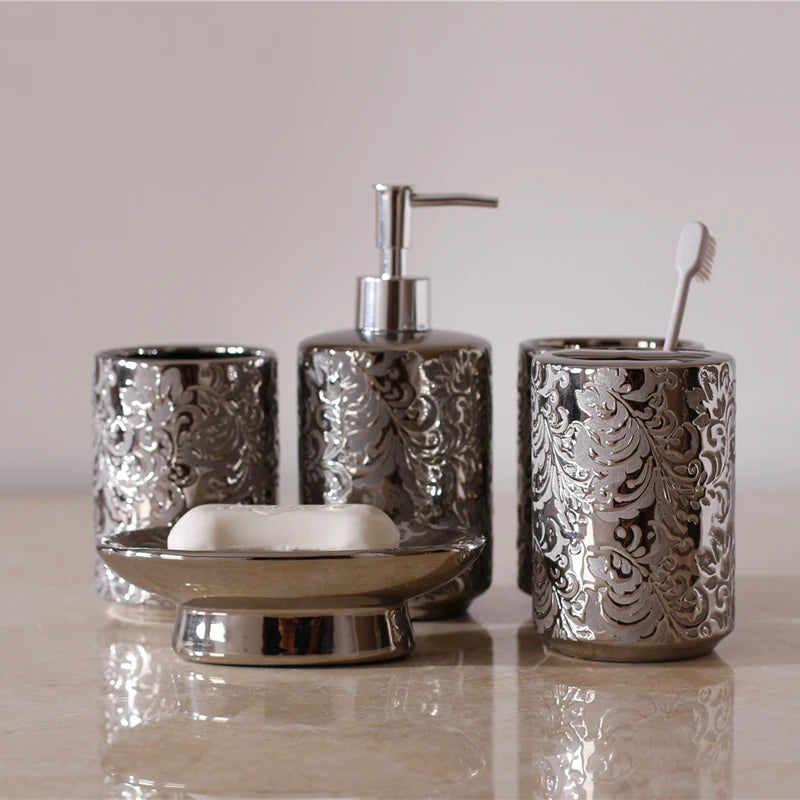 Silver Ceramic 5-Piece Bathroom Accessory Set, Soap Dispenser, Gargle Cup, Soap Dish & Toothbrush Holder Toiletry Set