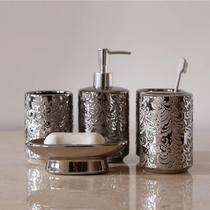 Silver Ceramic 5-Piece Bathroom Accessory Set, Soap Dispenser, Gargle Cup, Soap Dish & Toothbrush Holder Toiletry Set