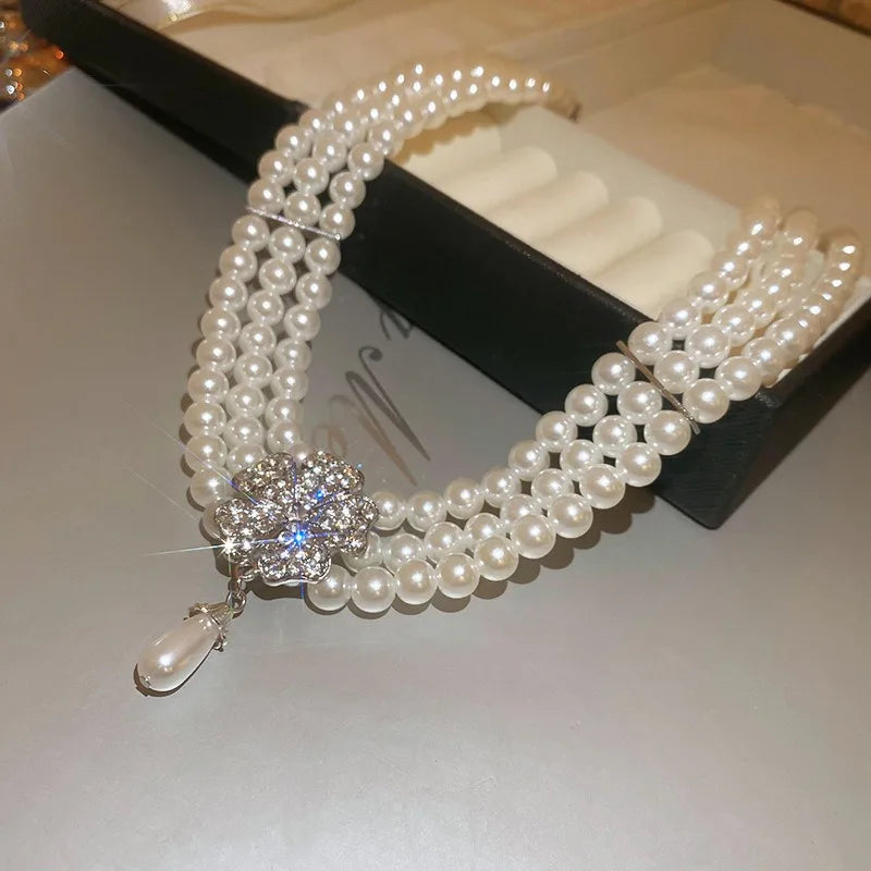 Flower Party Jewelry Set for Women with Imitation Pearl Multi-Layer Necklace, Rhinestone Bracelet and Earrings, French Luxury Shiny Accessory Set for Weddings and Events