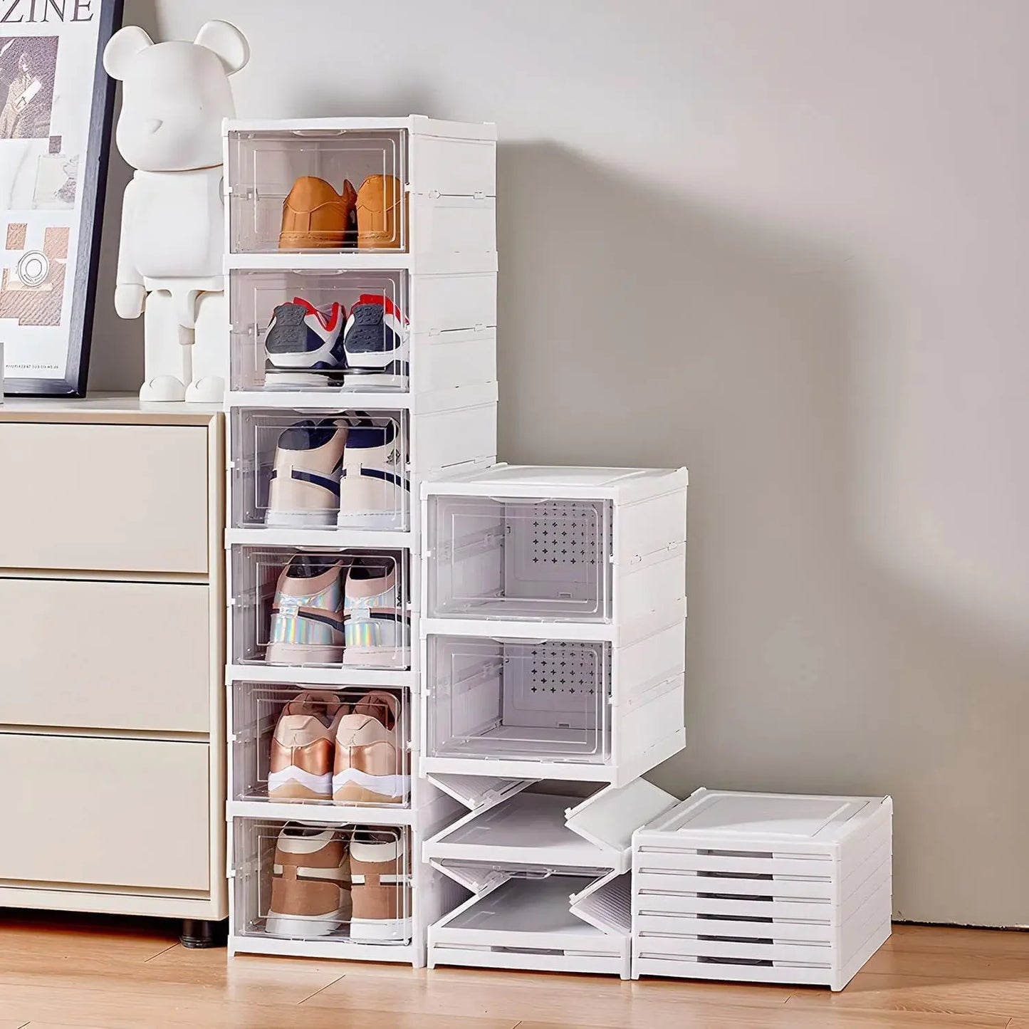 Foldable Shoe Storage Box with Transparent Door, 3/6-Layer Stackable Sneaker Organizer Cabinet