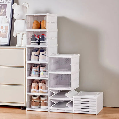 Foldable Shoe Storage Box with Transparent Door, 3/6-Layer Stackable Sneaker Organizer Cabinet