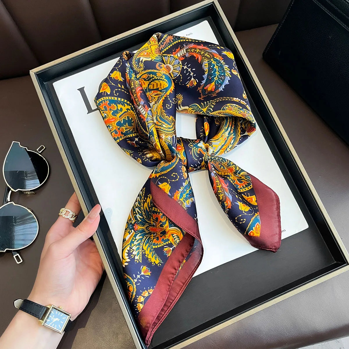 Luxury Printed Silk-Style Square Scarf for Women, Soft Satin Neckerchief Headband and Hair Ribbon, Fashion Hijab and Bag Accessory for Office and Daily Wear