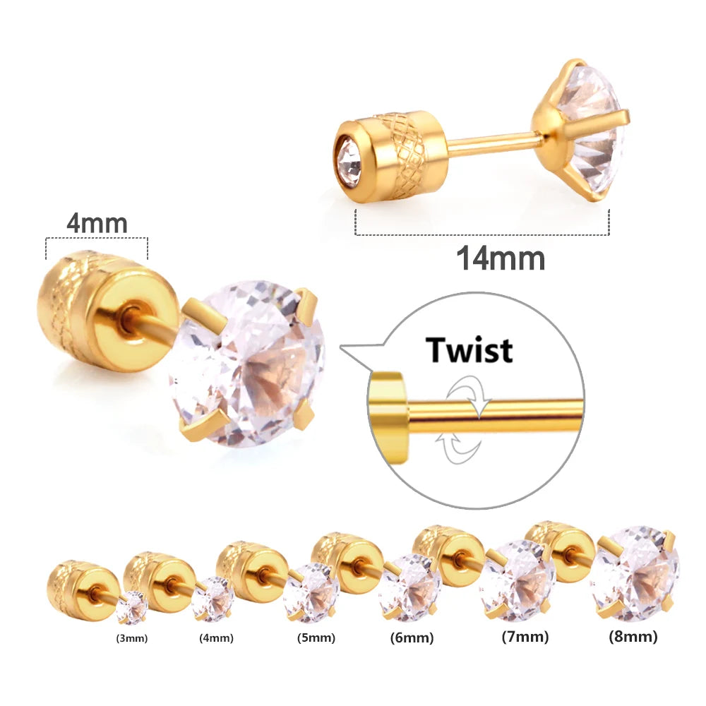 LUXUSTEEL Stainless Steel Crystal Stud Earrings for Men and Women, Round Clear Cubic Zirconia 4-Prong Tragus and Lobe Jewelry, 1 Pair (2 Pieces)