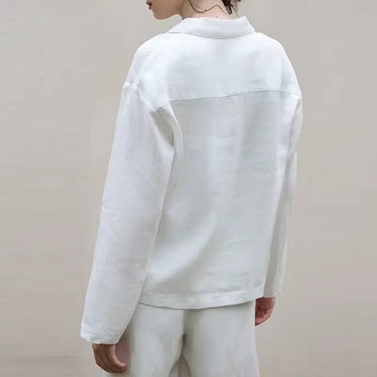 Women’s 100% Linen Half-Button V-Neck Shirt, Long Sleeve Turn-Down Collar Casual Retro Blouse for Spring and Daily Wear
