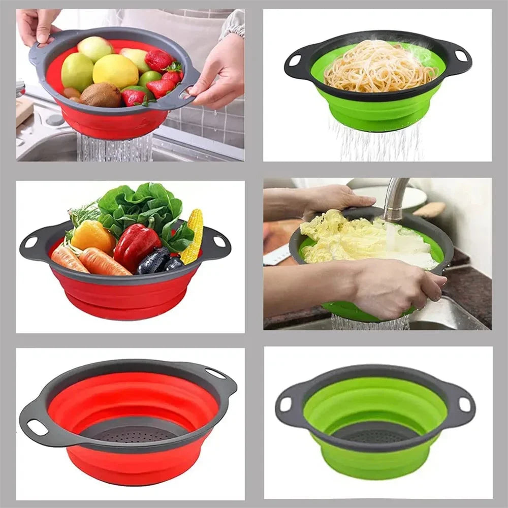 Collapsible Silicone Colander Strainer Basket, Foldable Vegetable and Fruit Washing & Draining Basket Kitchen Gadget