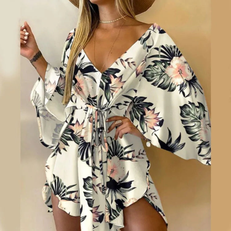 Women’s Floral Print Mini Dress with V-Neck and Batwing Sleeves, Bohemian Loose Fit Summer Beach Sundress Casual Vacation Dress