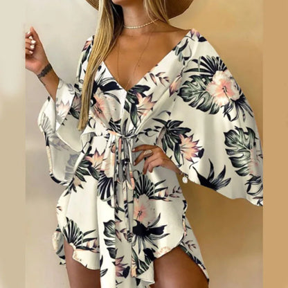 Women’s Floral Print Mini Dress with V-Neck and Batwing Sleeves, Bohemian Loose Fit Summer Beach Sundress Casual Vacation Dress