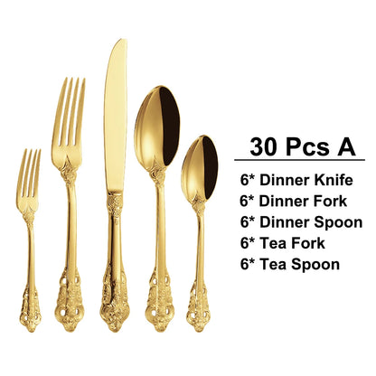 20/30PCS Luxury Gold & Silver Cutlery Set, Vintage Stainless Steel Flatware with Engraved Forks, Spoons & Knives