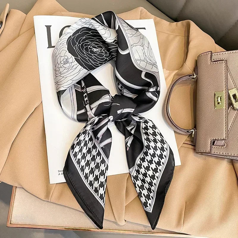 Luxury Printed Silk-Style Square Scarf for Women, Soft Satin Neckerchief Headband and Hair Ribbon, Fashion Hijab and Bag Accessory for Office and Daily Wear