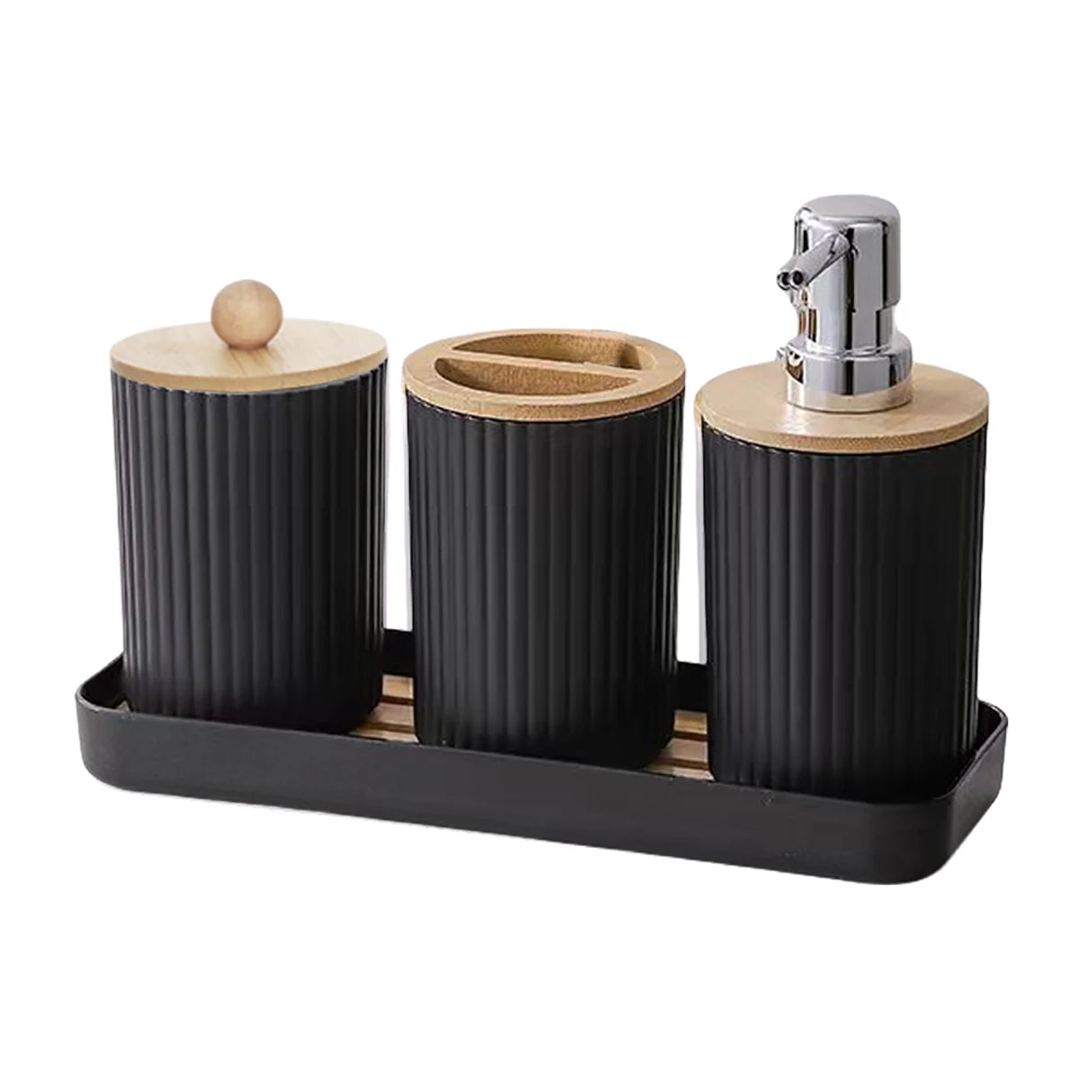 Bathroom Accessories Storage Box Set, PET & Bamboo Vanity Organizer with Soap Dispenser, Toothbrush & Cotton Swab Holder