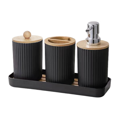 Bathroom Accessories Storage Box Set, PET & Bamboo Vanity Organizer with Soap Dispenser, Toothbrush & Cotton Swab Holder