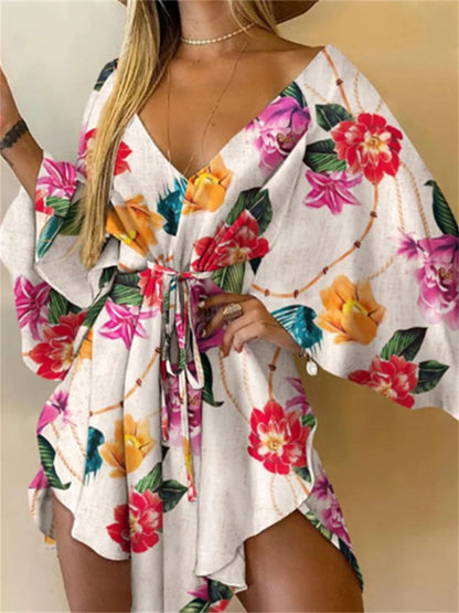 Women’s Floral Print Mini Dress with V-Neck and Batwing Sleeves, Bohemian Loose Fit Summer Beach Sundress Casual Vacation Dress