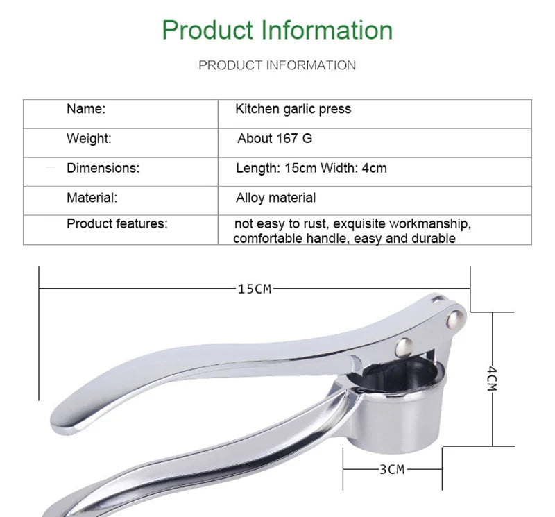 Stainless Steel Garlic Press Crusher & Mincer, Manual Garlic Smasher Squeezer Kitchen Grinding Tool