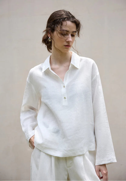 Women’s 100% Linen Half-Button V-Neck Shirt, Long Sleeve Turn-Down Collar Casual Retro Blouse for Spring and Daily Wear