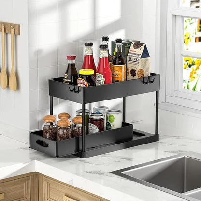 2-Tier Under Sink Organizer, Sliding Cabinet Basket Storage Rack with Hooks & Hanging Cup for Kitchen & Bathroom