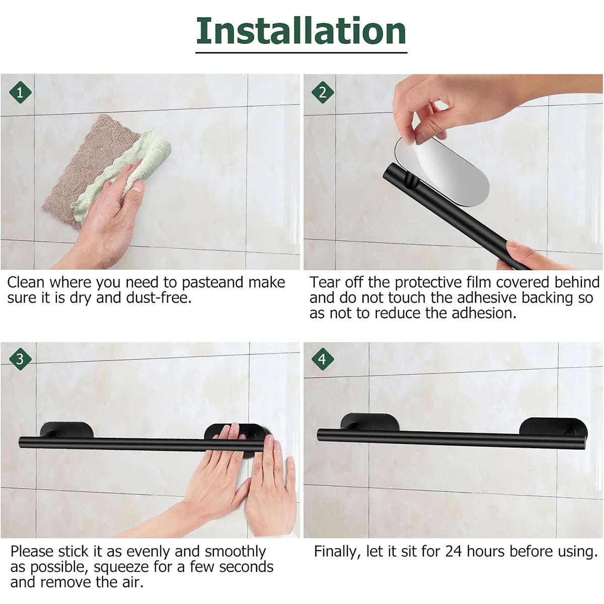 No-Drill Stainless Steel Bathroom Accessories Set, Self-Adhesive Towel Bar, Paper Holder, Towel Ring & Robe Hook