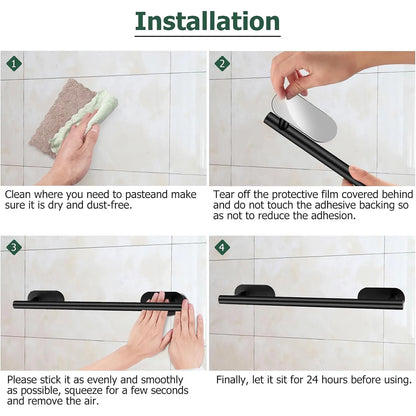 No-Drill Stainless Steel Bathroom Accessories Set, Self-Adhesive Towel Bar, Paper Holder, Towel Ring & Robe Hook