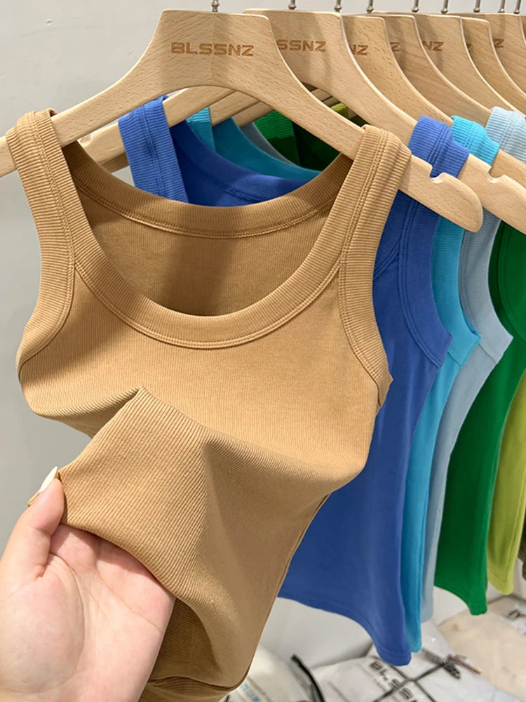 Women’s Ribbed Cotton Tank Top Solid Color Round Neck Camisole, High Stretch Summer Basic O-Neck Sleeveless Casual Top