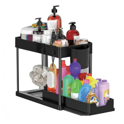 2-Tier Under Sink Organizer, Sliding Cabinet Basket Storage Rack with Hooks & Hanging Cup for Kitchen & Bathroom