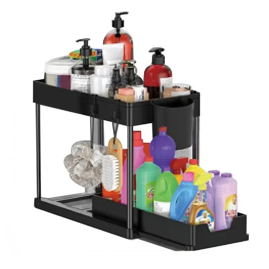 2-Tier Under Sink Organizer, Sliding Cabinet Basket Storage Rack with Hooks & Hanging Cup for Kitchen & Bathroom