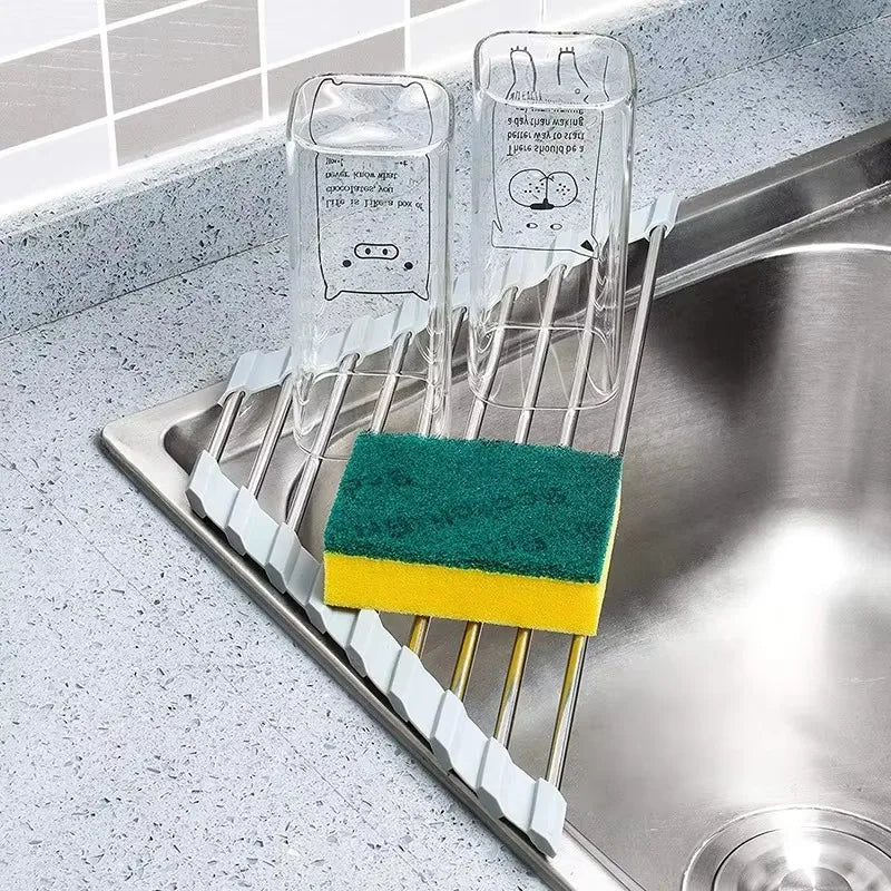 Roll-Up Triangle Dish Drying Rack – Foldable Stainless Steel Sink Corner Organizer for Sponge & Rag