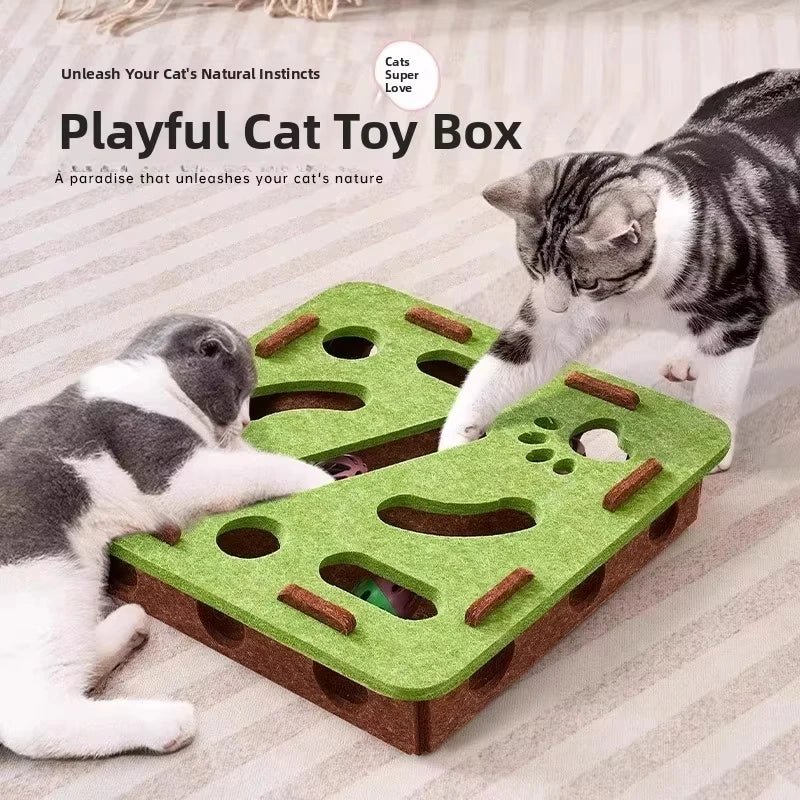 Cat Puzzle Felt Toy Box with Rolling Ball, Interactive Exercise and Hunting Playhouse for Indoor Cats, Multi-Function Scratching and Activity Toy