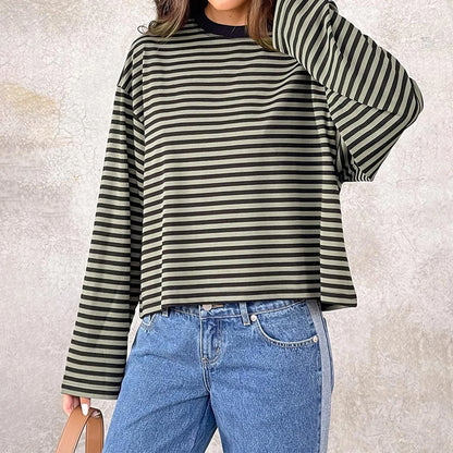 Women’s Retro Striped Long Sleeve T-Shirt, Loose Fit Crew Neck Casual Top, Vintage Streetwear Fall Pullover Tee for Ladies