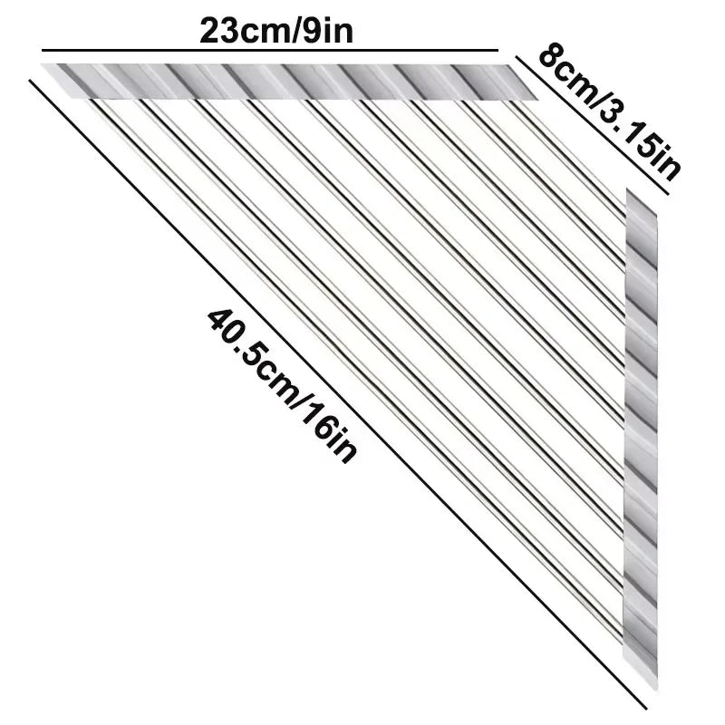 Roll-Up Triangle Dish Drying Rack – Foldable Stainless Steel Sink Corner Organizer for Sponge & Rag