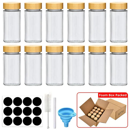 12Pcs Glass Spice Jars with Bamboo Lids – Kitchen Spice Jar Set with Minimalist Labels and Collapsible Funnel