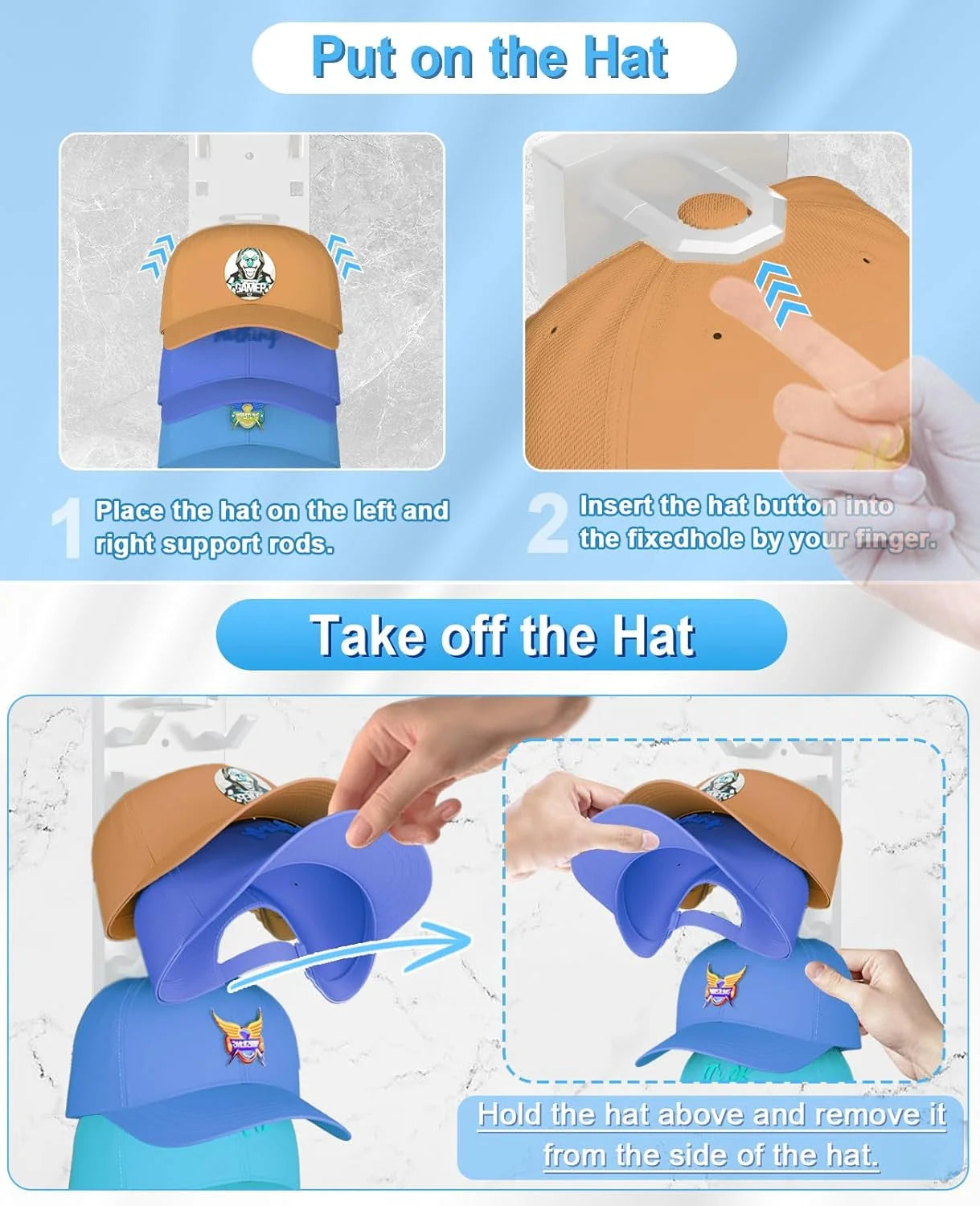 Wall Mounted Baseball Cap Rack – Multifunctional Hat Organizer Storage Hanger for Door & Closet